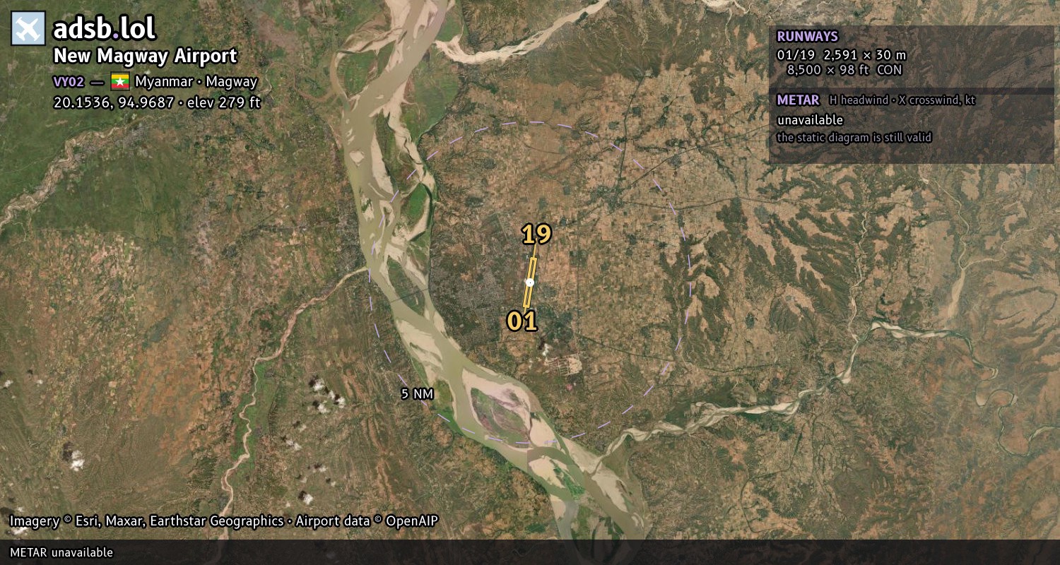Satellite map with the runway layout of New Magway Airport (VY02)