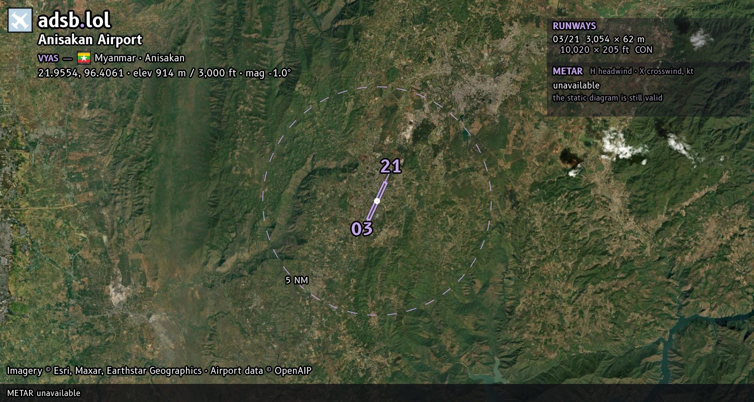 Satellite map with the runway layout of Anisakan Airport (VYAS)