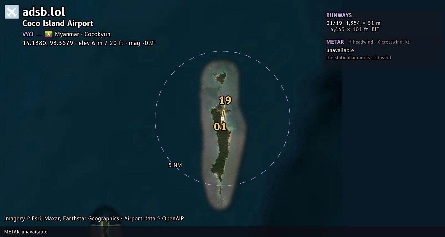 Satellite map with the runway layout of Coco Island Airport (VYCI)