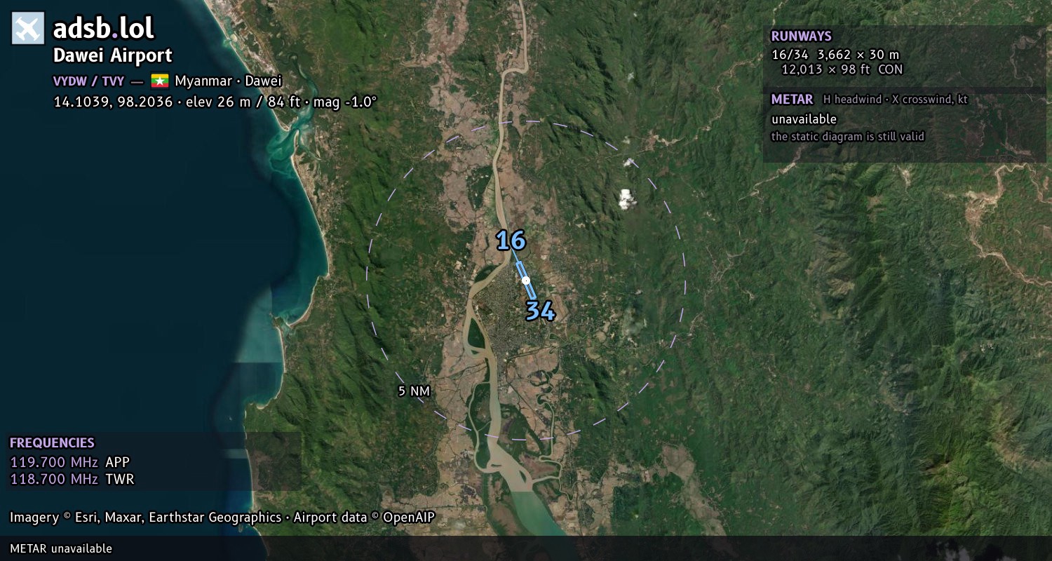 Satellite map with the runway layout of Dawei Airport (VYDW)