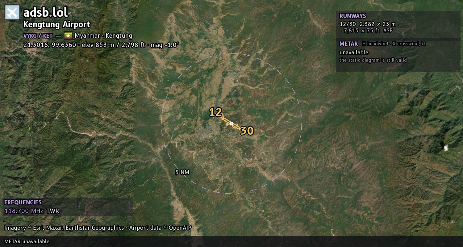 Satellite map with the runway layout of Kengtung Airport (VYKG)