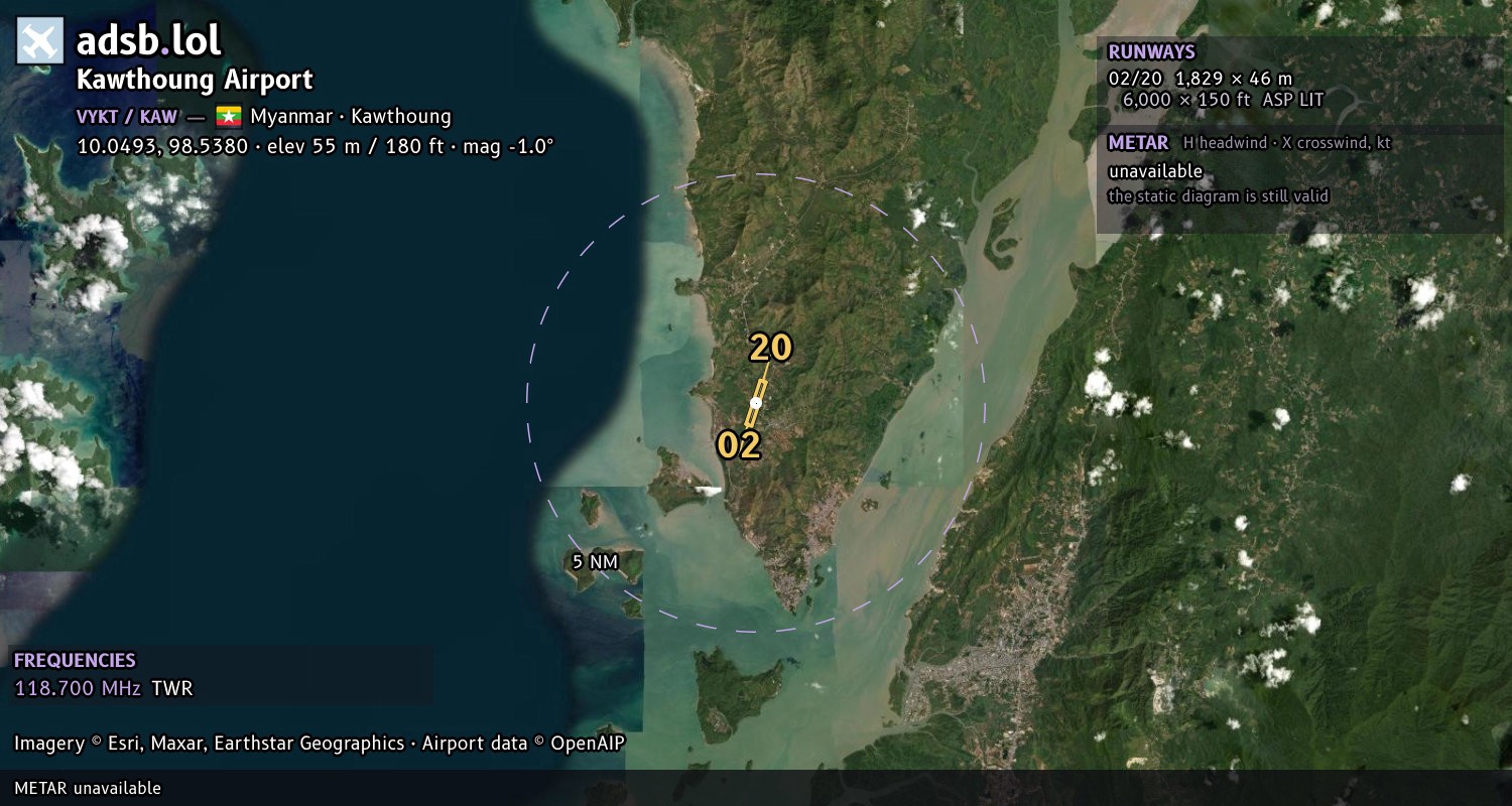 Satellite map with the runway layout of Kawthoung Airport (VYKT)