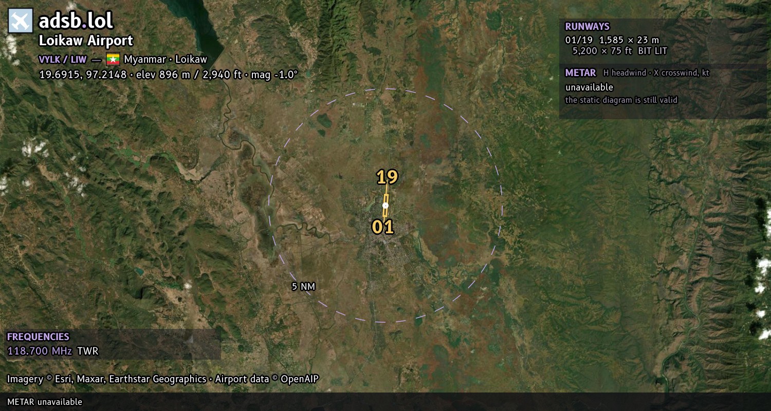 Satellite map with the runway layout of Loikaw Airport (VYLK)