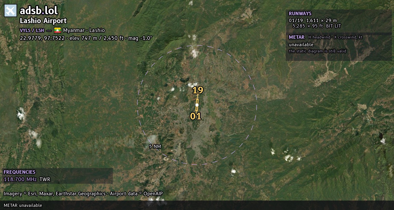 Satellite map with the runway layout of Lashio Airport (VYLS)