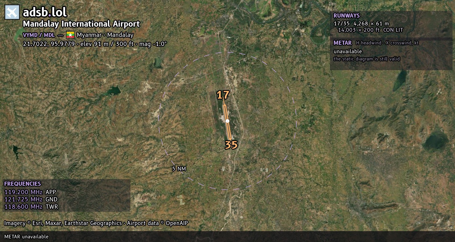 Satellite map with the runway layout of Mandalay International Airport (VYMD)