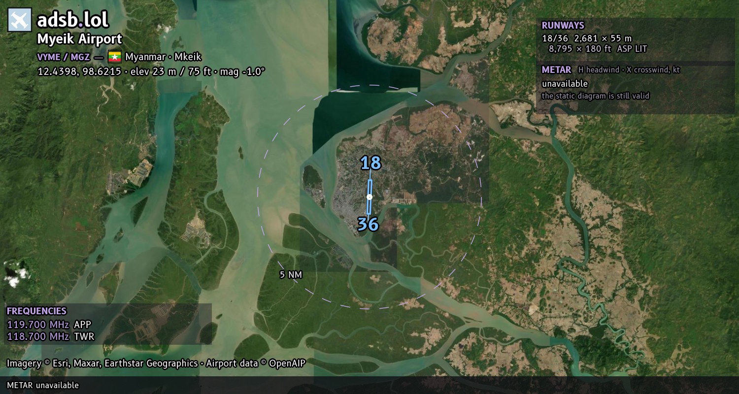 Satellite map with the runway layout of Myeik Airport (VYME)