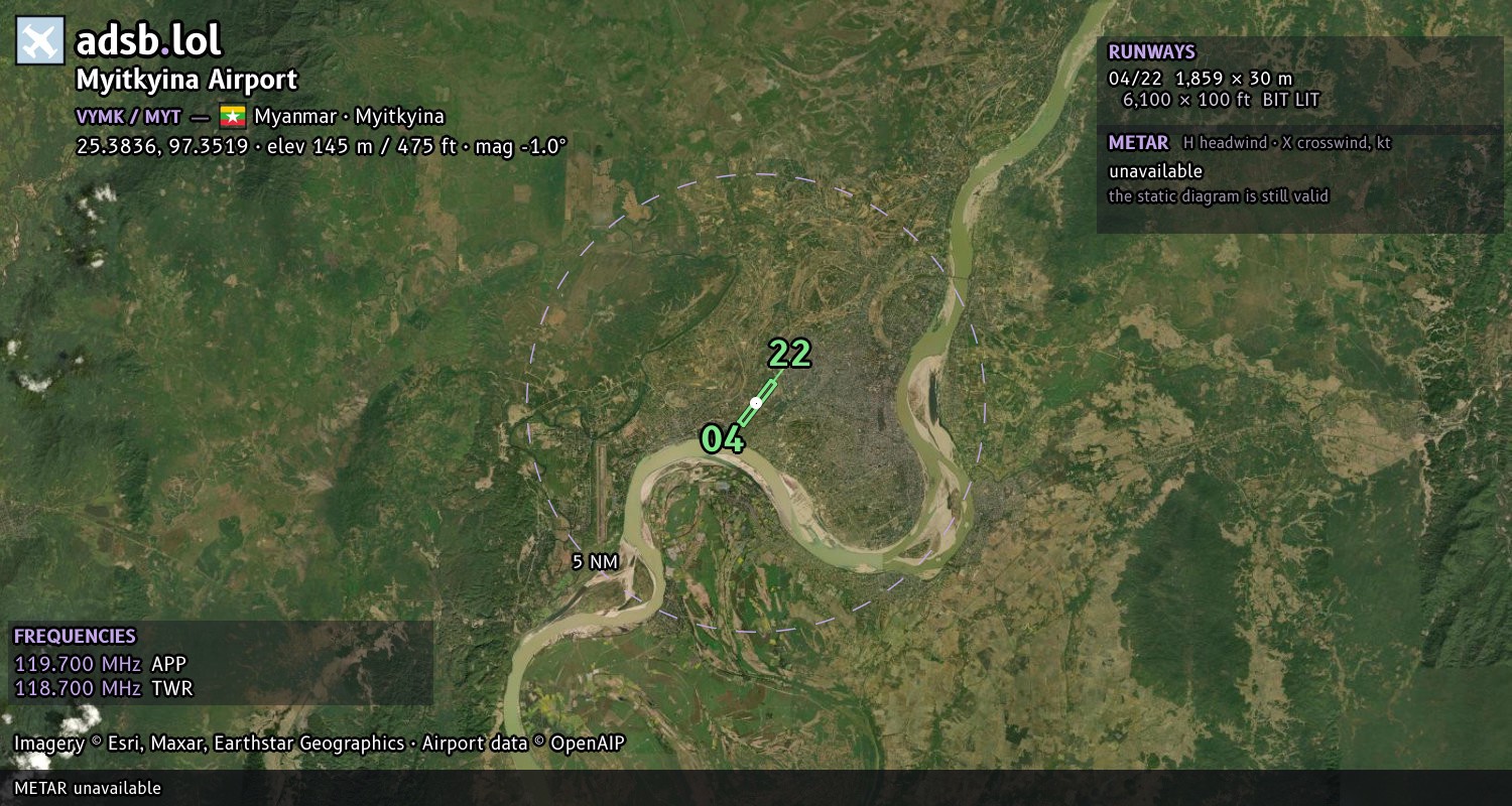Satellite map with the runway layout of Myitkyina Airport (VYMK)