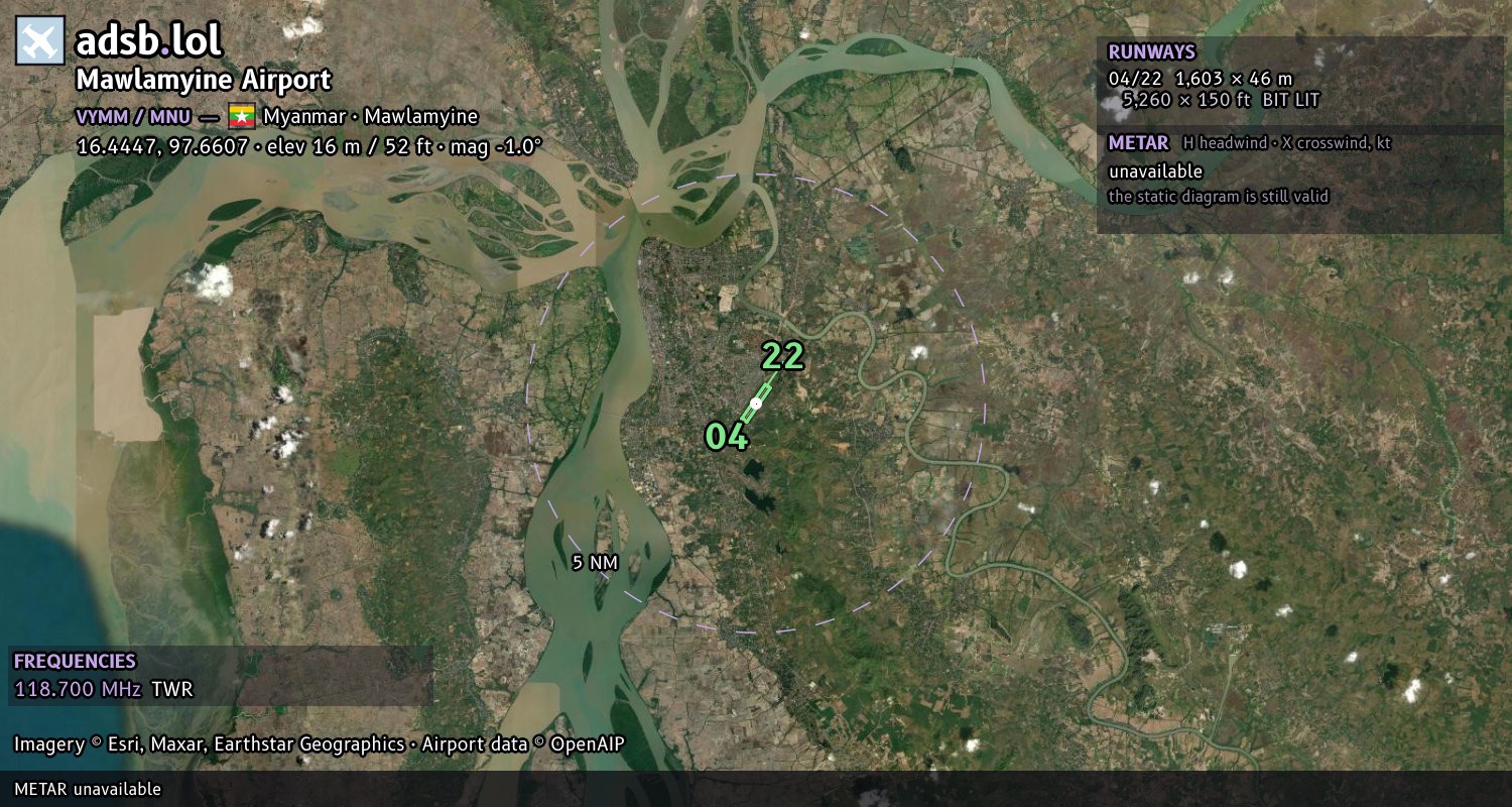 Satellite map with the runway layout of Mawlamyine Airport (VYMM)