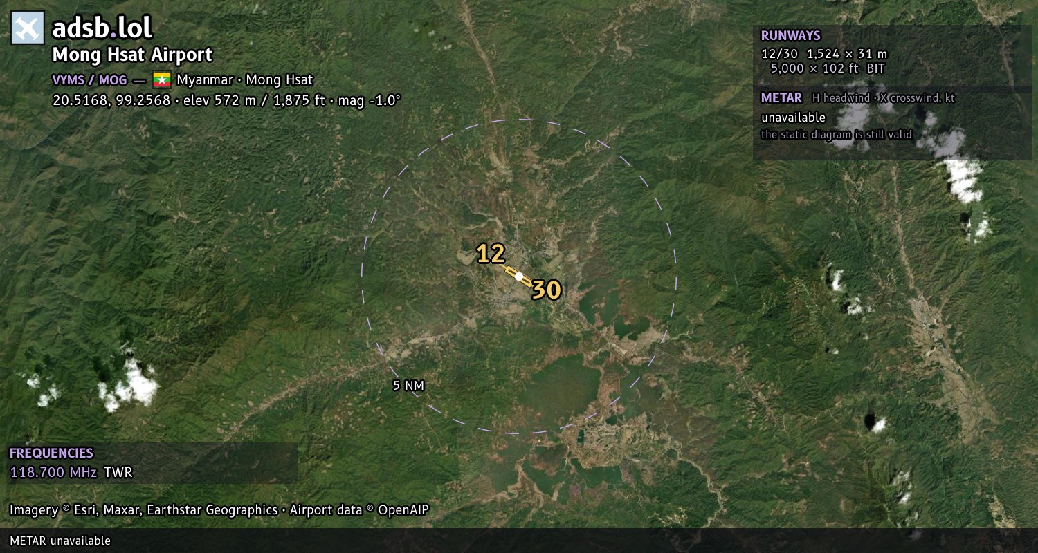 Satellite map with the runway layout of Mong Hsat Airport (VYMS)