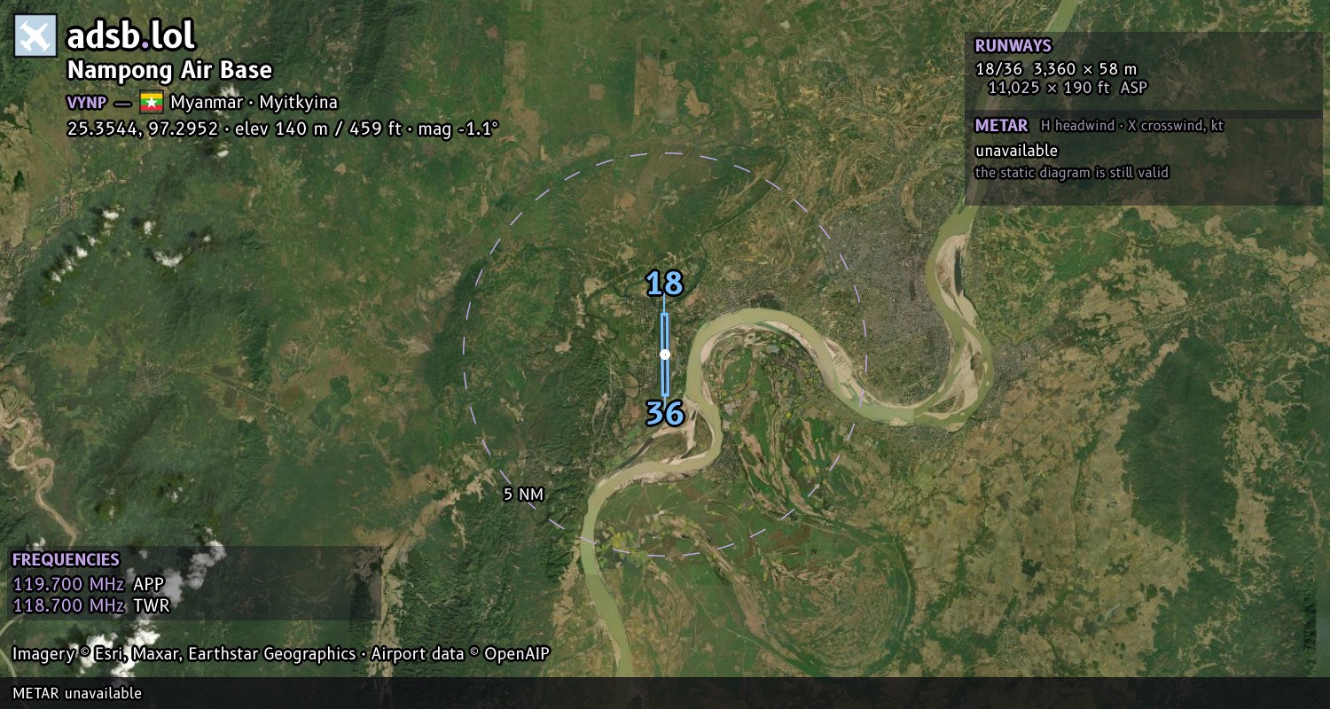 Satellite map with the runway layout of Nampong Air Base (VYNP)