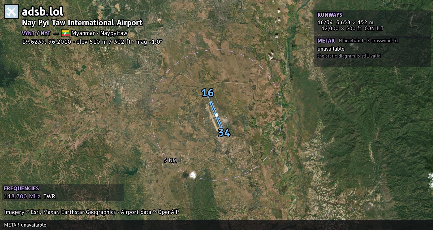 Satellite map with the runway layout of Nay Pyi Taw International Airport (VYNT)