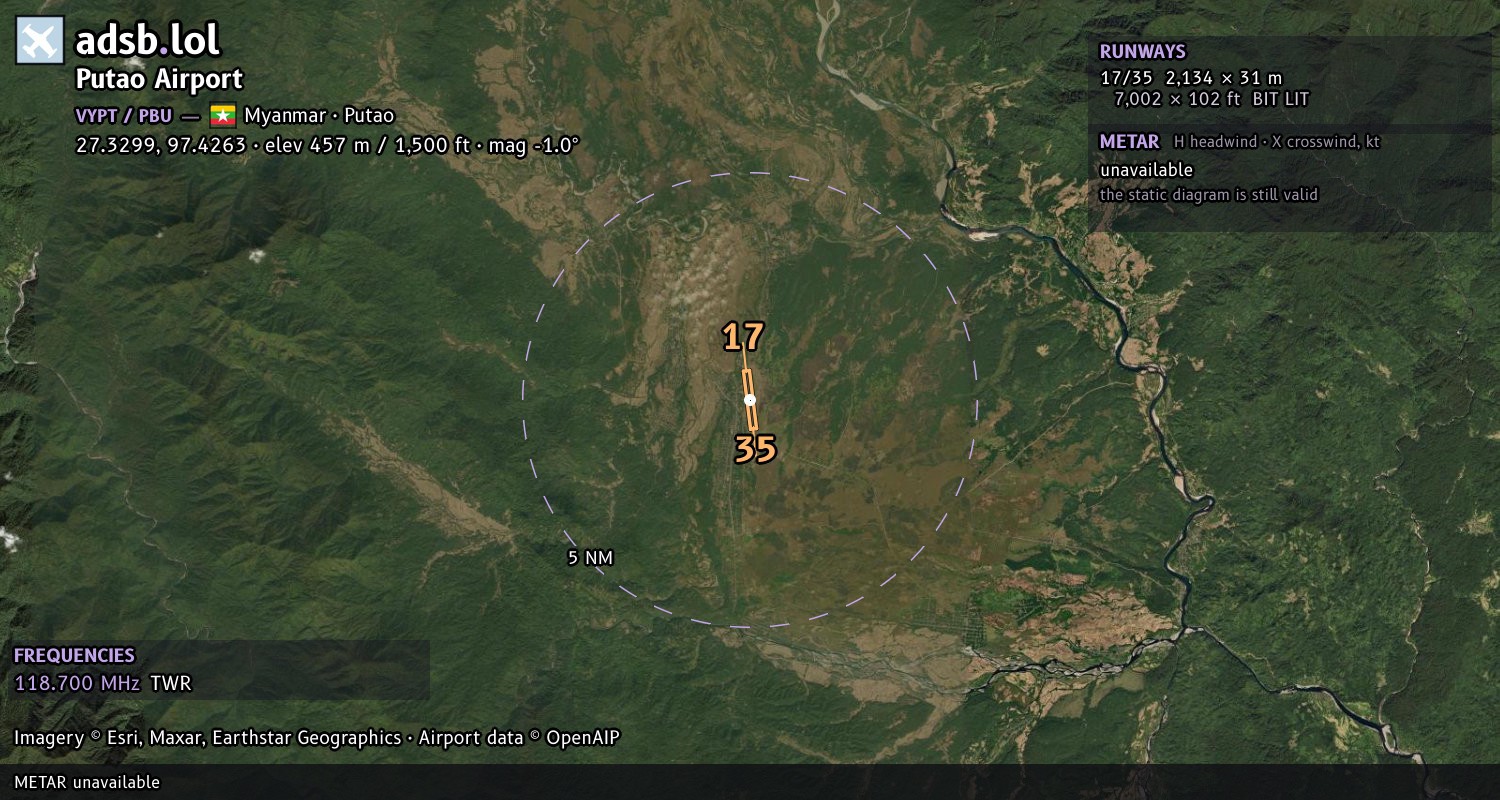 Satellite map with the runway layout of Putao Airport (VYPT)