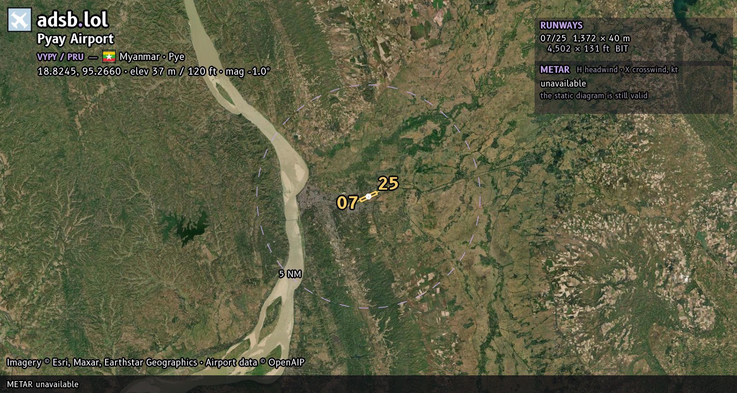 Satellite map with the runway layout of Pyay Airport (VYPY)