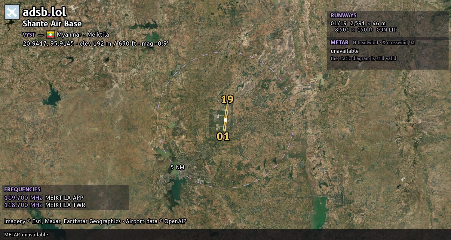 Satellite map with the runway layout of Shante Air Base (VYST)