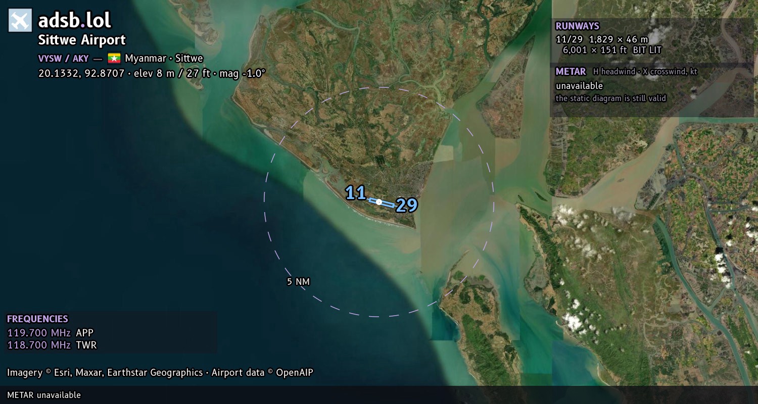 Satellite map with the runway layout of Sittwe Airport (VYSW)