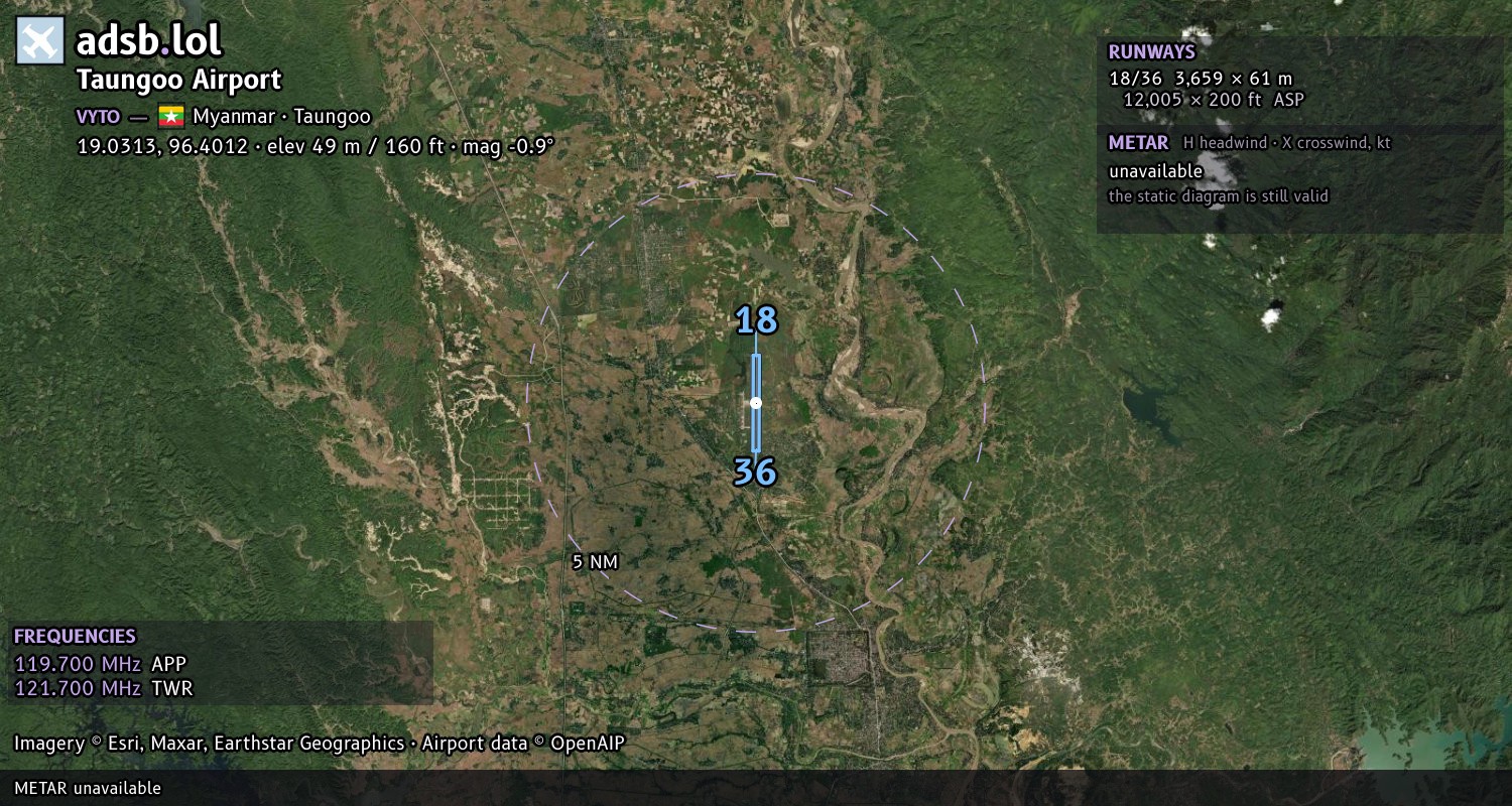 Satellite map with the runway layout of Taungoo Airport (VYTO)