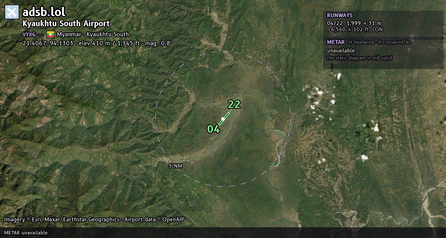 Satellite map with the runway layout of Kyaukhtu South Airport (VYXG)