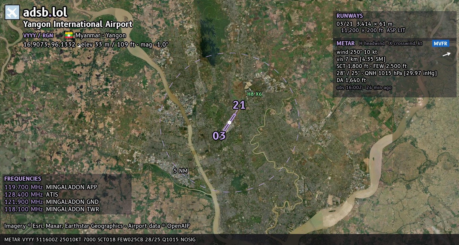 Satellite map with the runway layout of Yangon International Airport (VYYY)