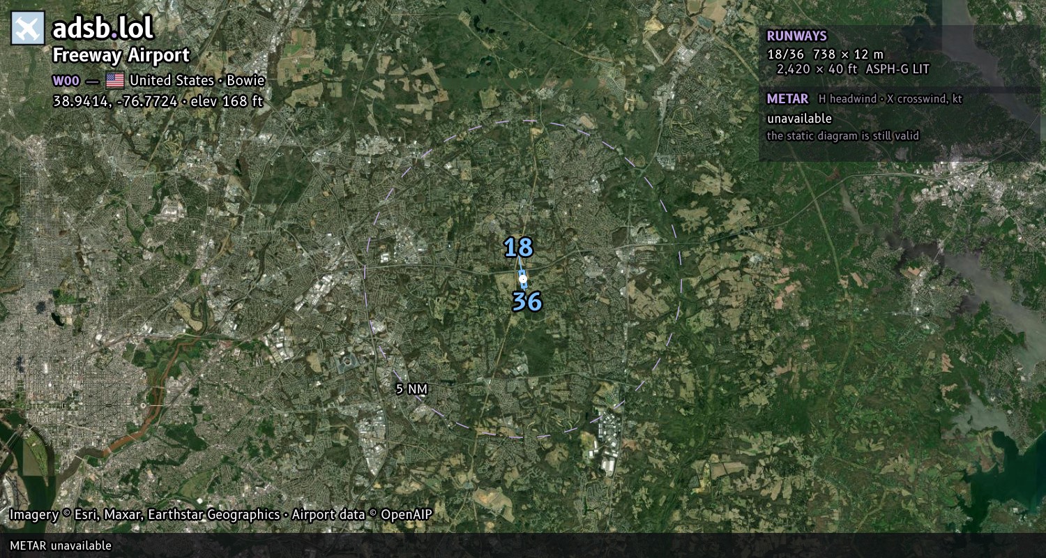 Satellite map with the runway layout of Freeway Airport (W00)