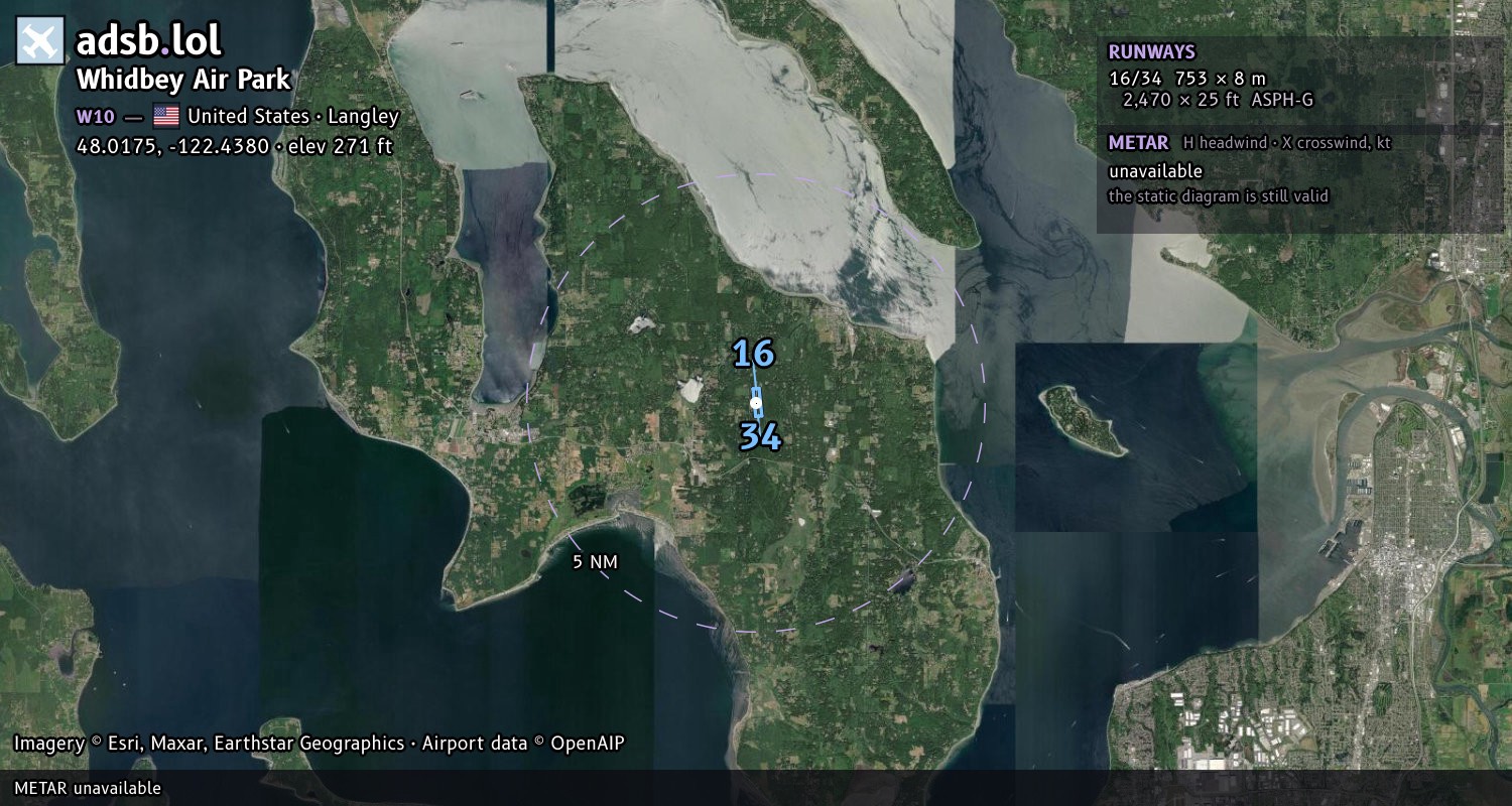 Satellite map with the runway layout of Whidbey Air Park (W10)