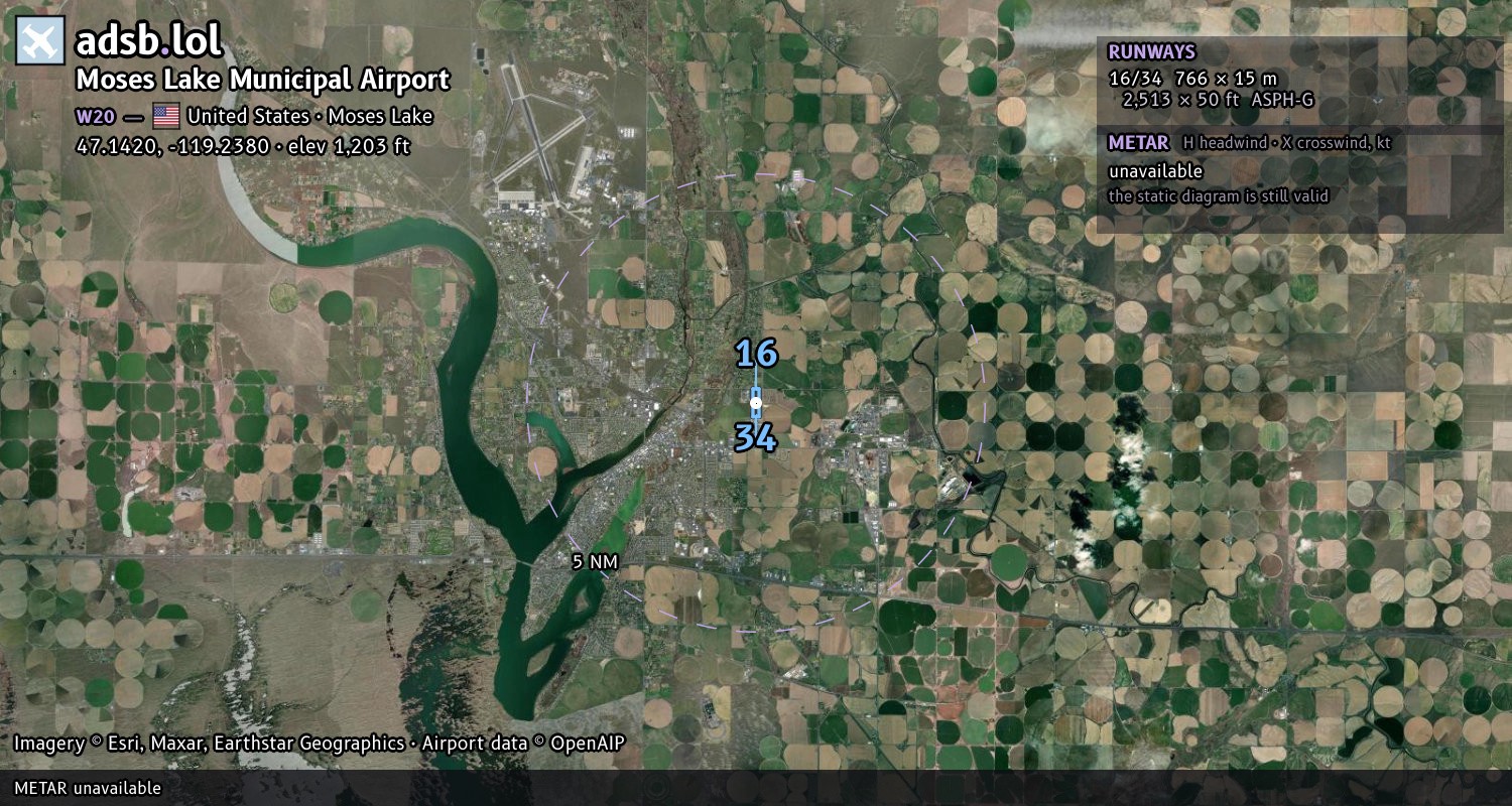 Satellite map with the runway layout of Moses Lake Municipal Airport (W20)