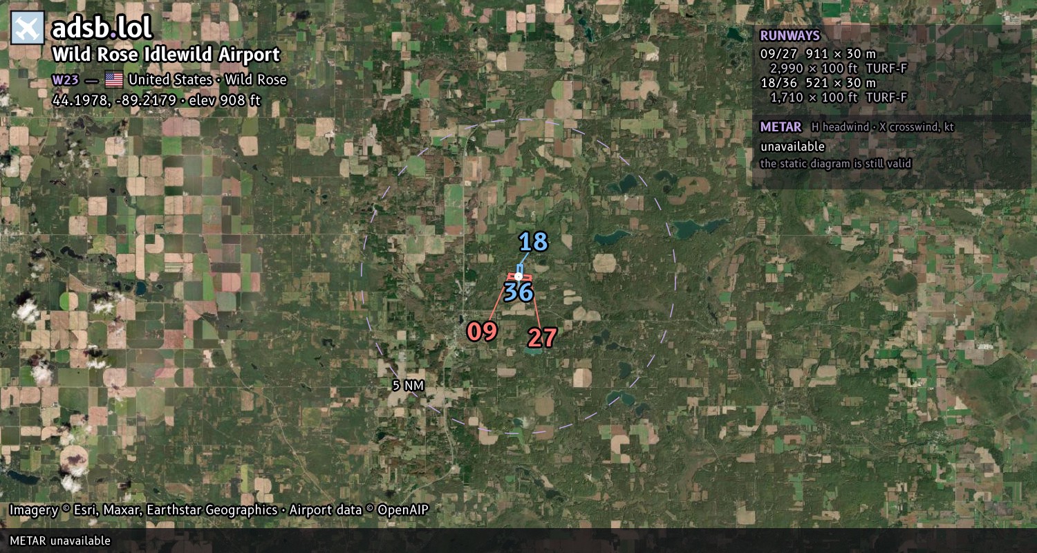 Satellite map with the runway layout of Wild Rose Idlewild Airport (W23)