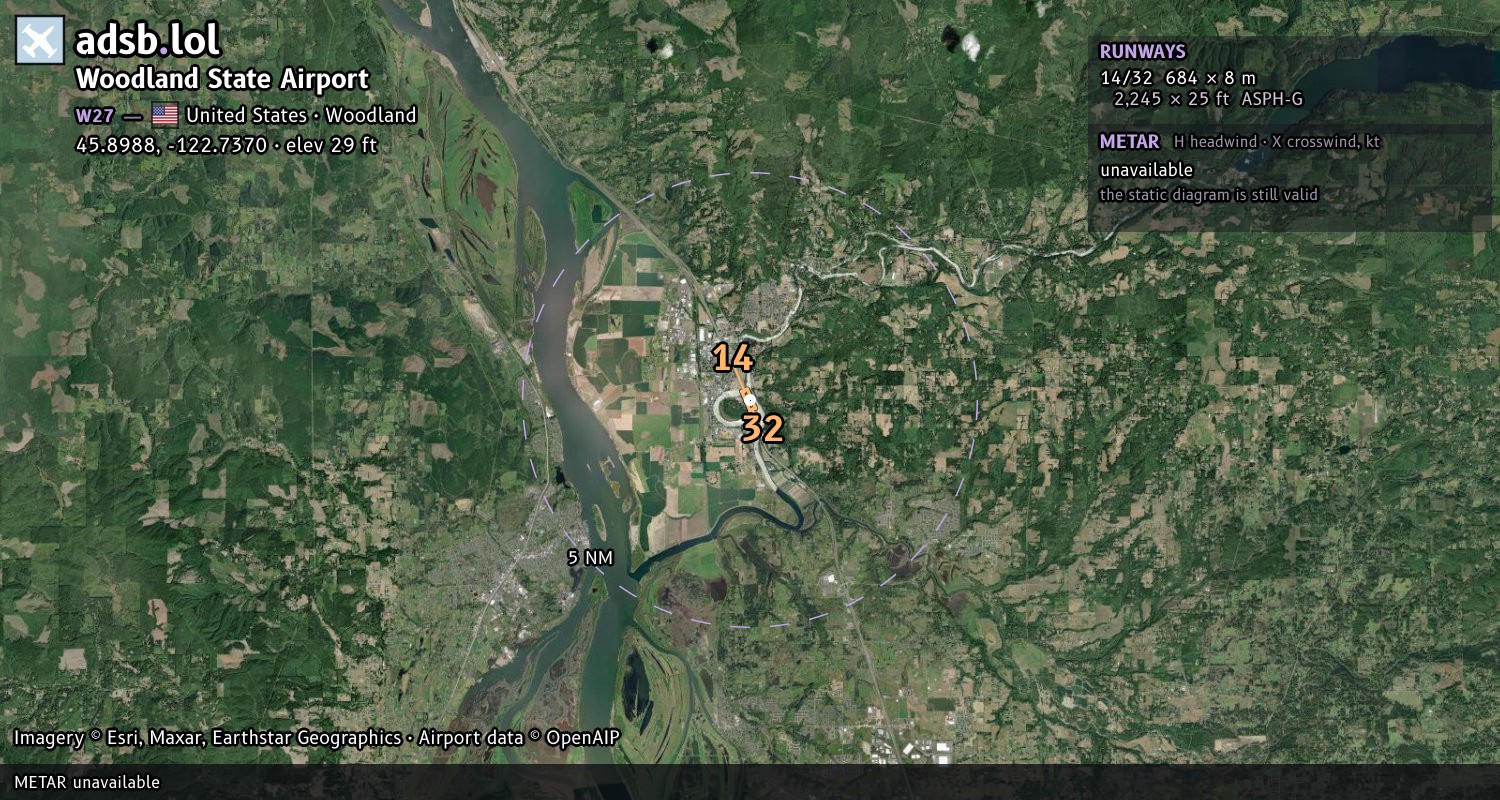 Satellite map with the runway layout of Woodland State Airport (W27)
