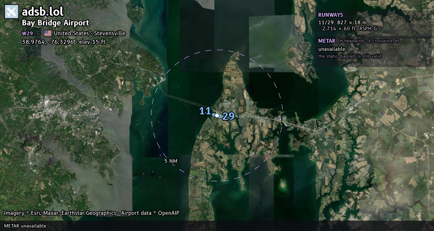 Satellite map with the runway layout of Bay Bridge Airport (W29)