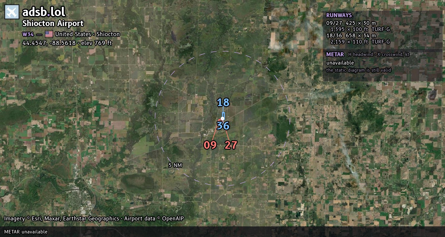 Satellite map with the runway layout of Shiocton Airport (W34)
