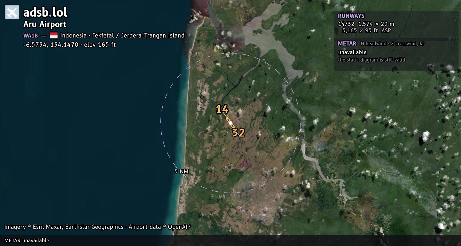 Satellite map with the runway layout of Aru Airport (WA1B)
