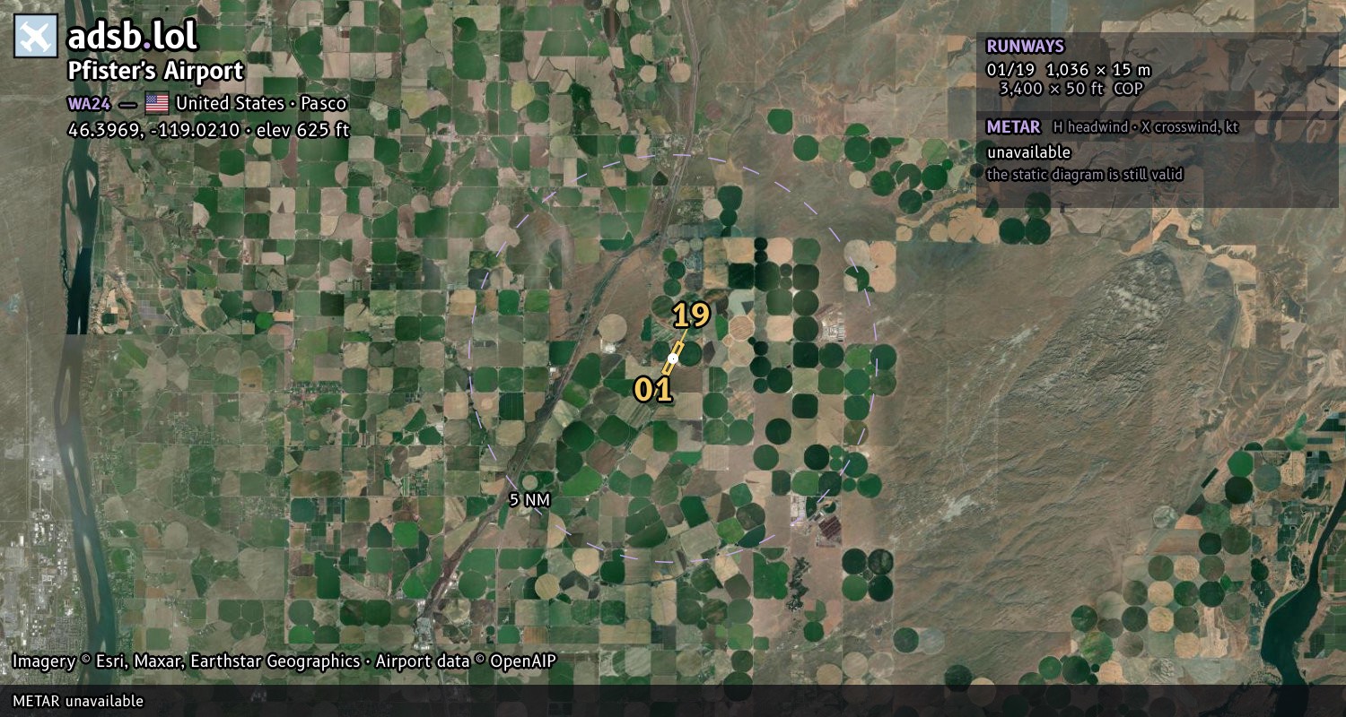 Satellite map with the runway layout of Pfister's Airport (WA24)