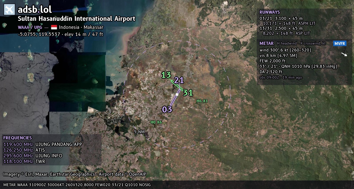 Satellite map with the runway layout of Sultan Hasanuddin International Airport (WAAA)
