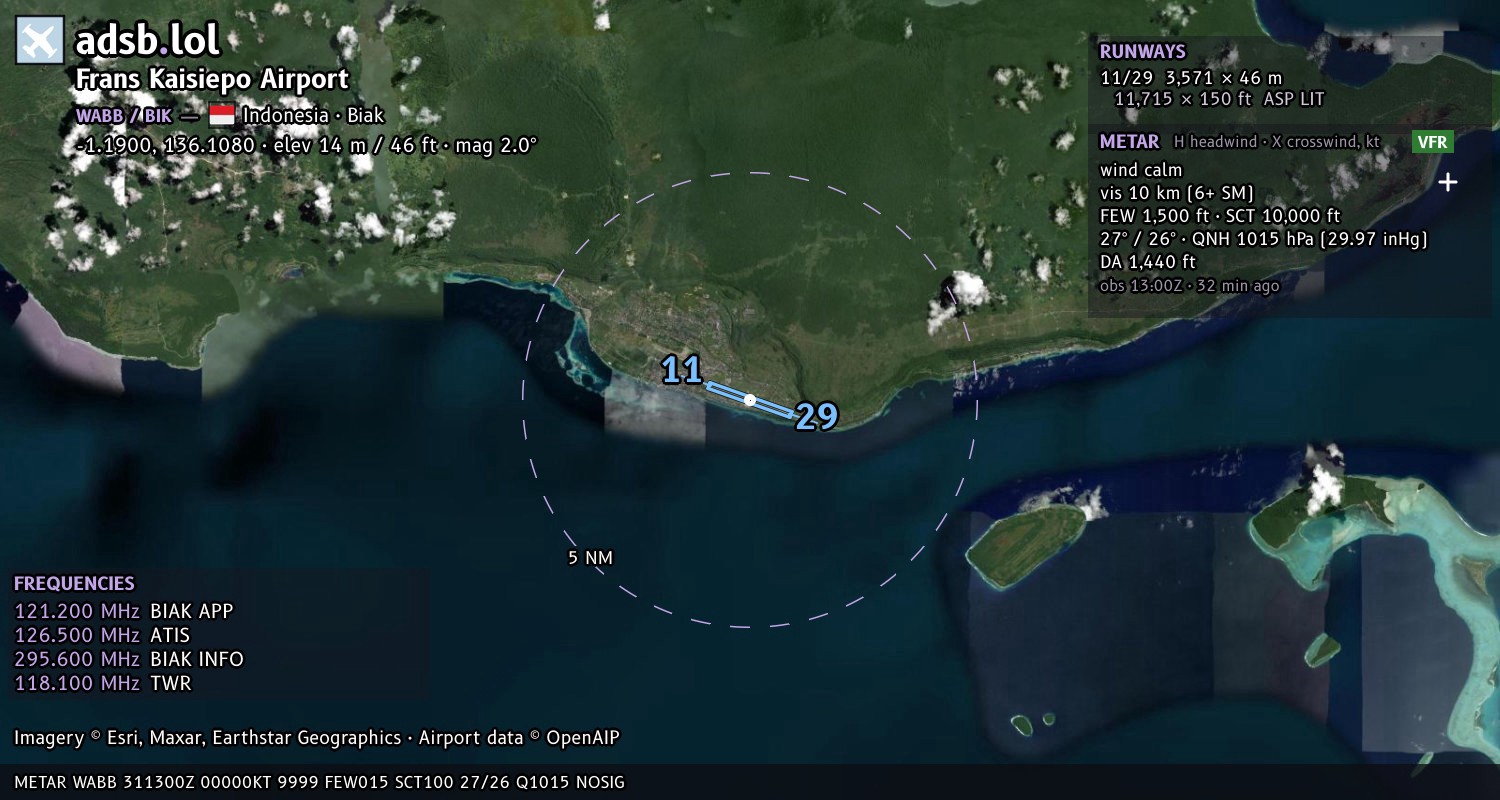 Satellite map with the runway layout of Frans Kaisiepo Airport (WABB)