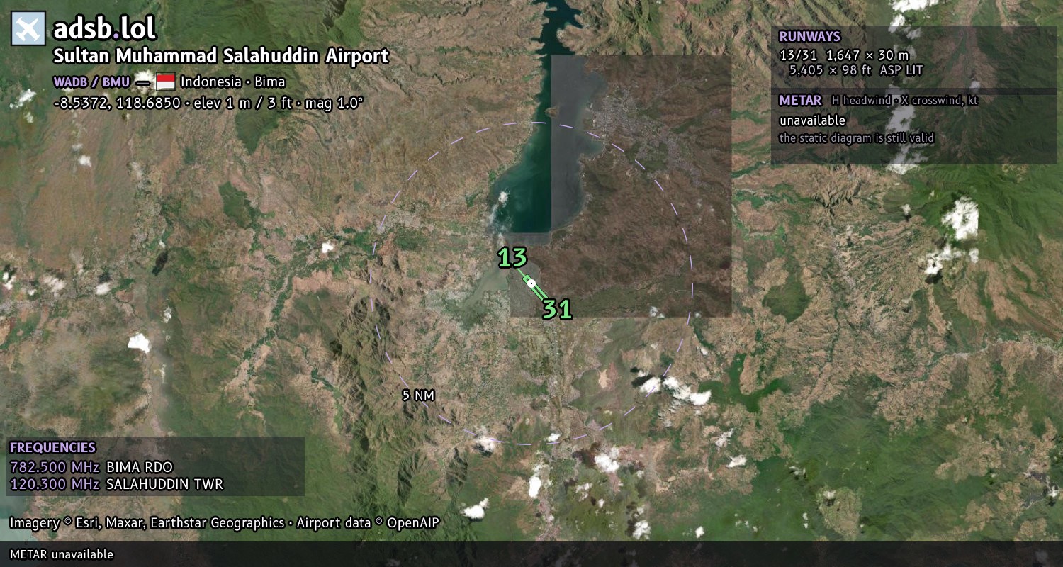 Satellite map with the runway layout of Sultan Muhammad Salahuddin Airport (WADB)