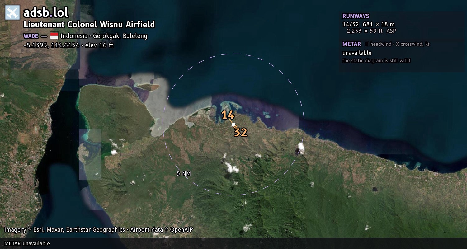 Satellite map with the runway layout of Lieutenant Colonel Wisnu Airfield (WADE)