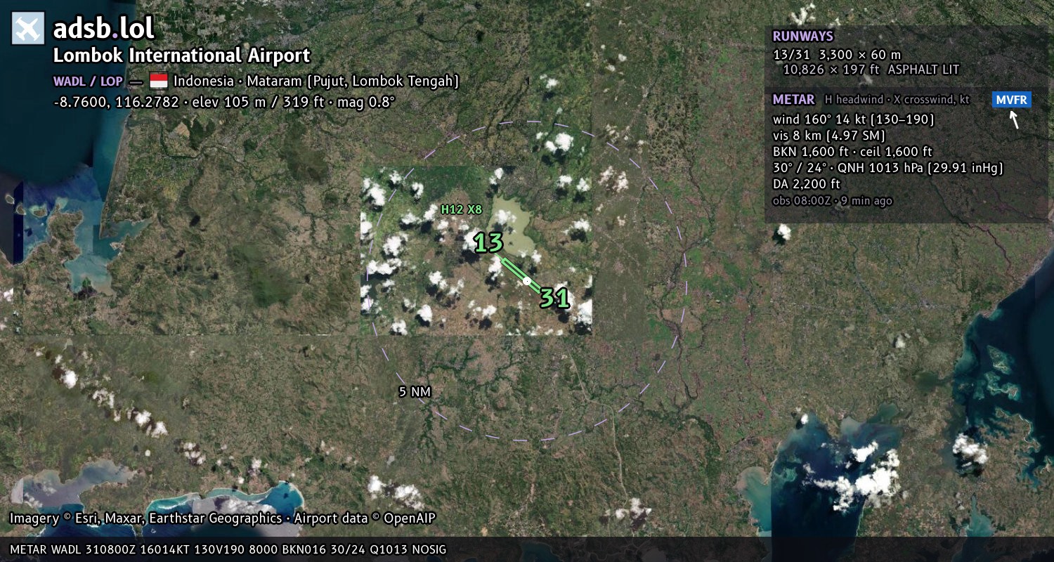 Satellite map with the runway layout of Lombok International Airport (WADL)