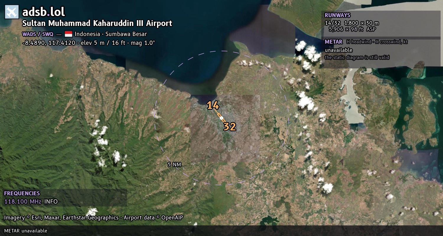 Satellite map with the runway layout of Sultan Muhammad Kaharuddin III Airport (WADS)