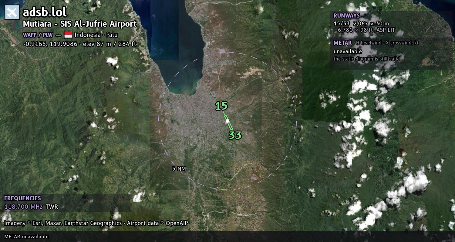 Satellite map with the runway layout of Mutiara - SIS Al-Jufrie Airport (WAFF)