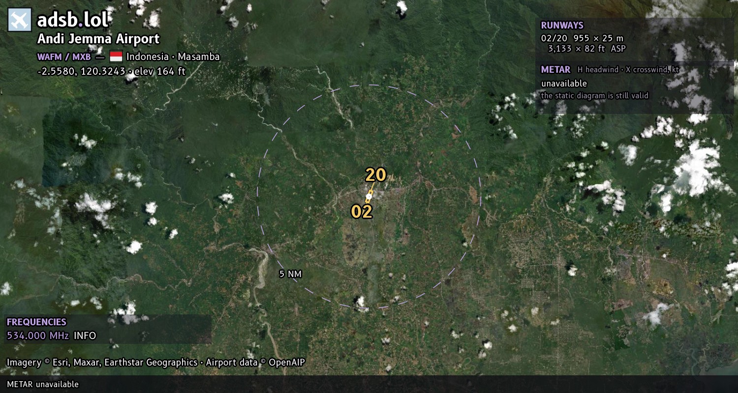 Satellite map with the runway layout of Andi Jemma Airport (WAFM)