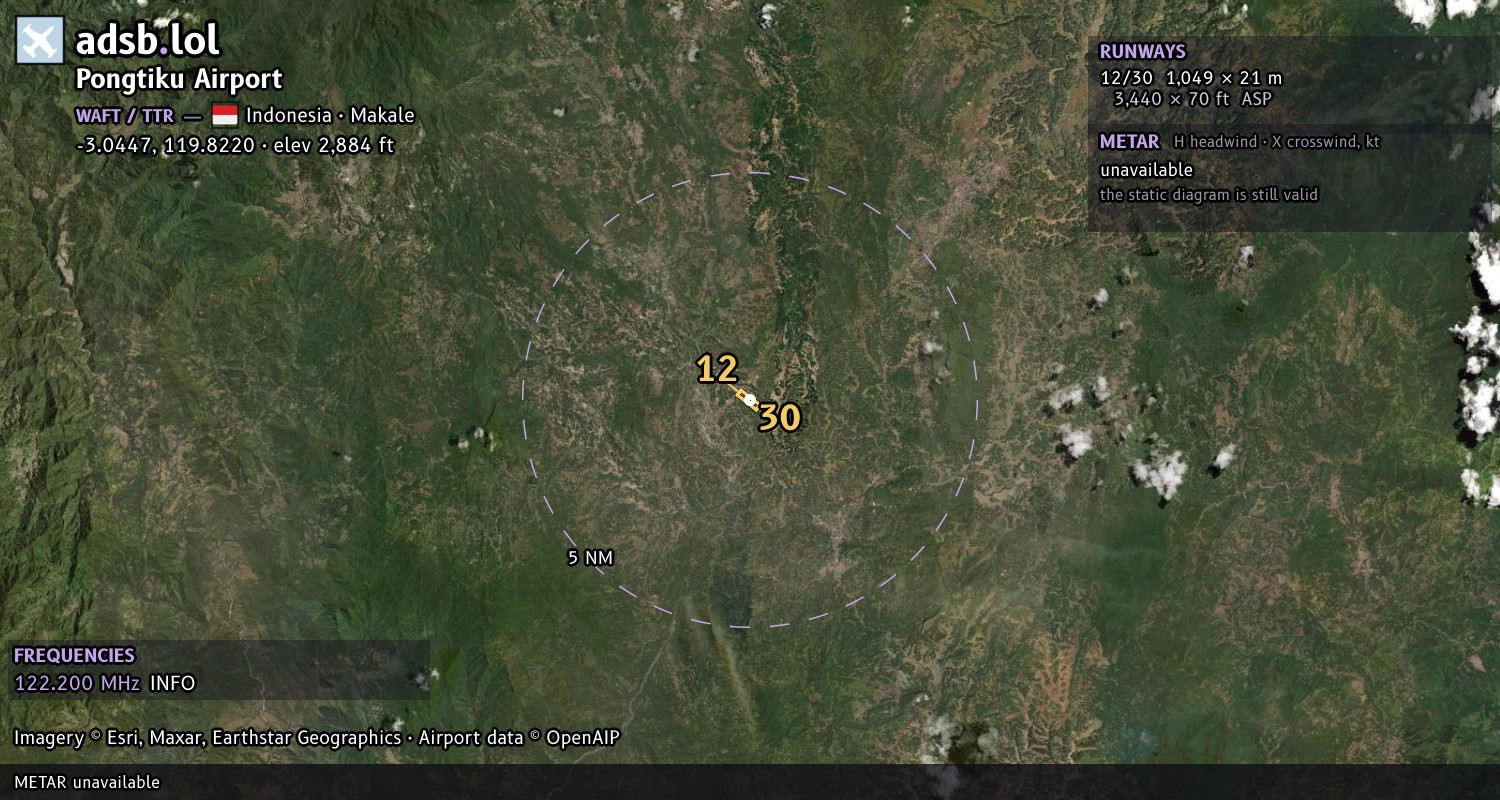 Satellite map with the runway layout of Pongtiku Airport (WAFT)