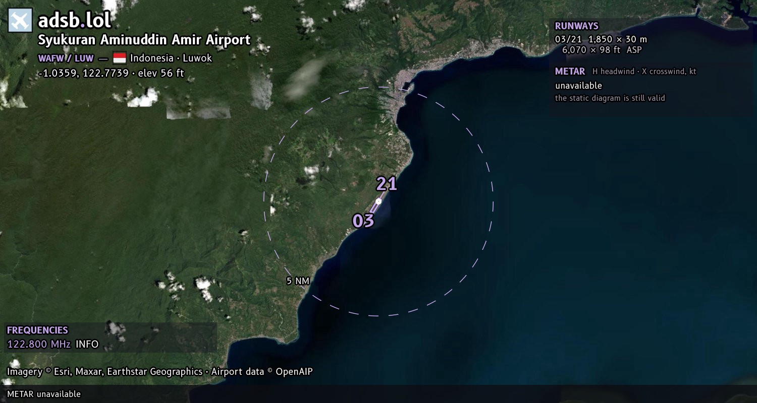Satellite map with the runway layout of Syukuran Aminuddin Amir Airport (WAFW)