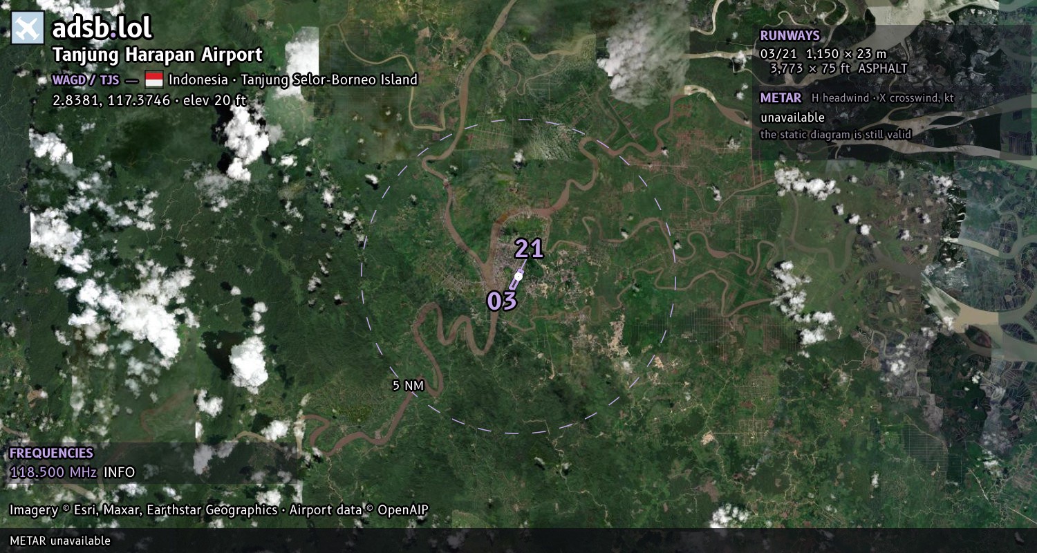 Satellite map with the runway layout of Tanjung Harapan Airport (WAGD)