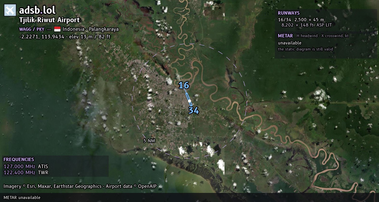 Satellite map with the runway layout of Tjilik Riwut Airport (WAGG)