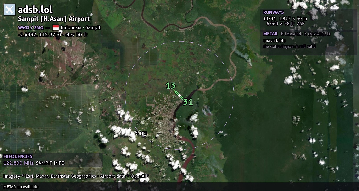Satellite map with the runway layout of Sampit (H.Asan) Airport (WAGS)