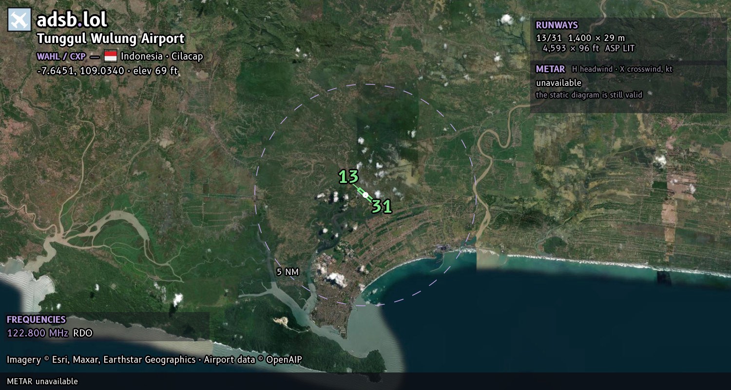 Satellite map with the runway layout of Tunggul Wulung Airport (WAHL)