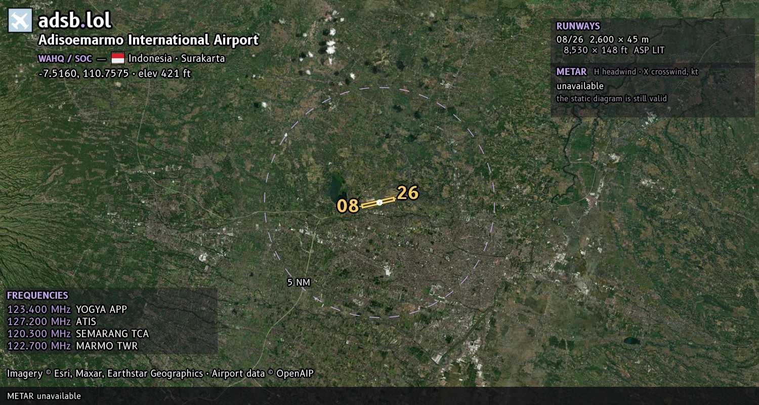 Satellite map with the runway layout of Adisoemarmo International Airport (WAHQ)