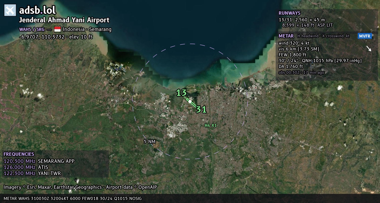 Satellite map with the runway layout of Jenderal Ahmad Yani Airport (WAHS)