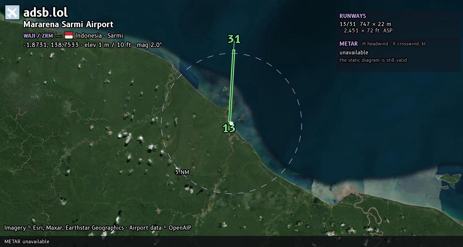 Satellite map with the runway layout of Mararena Sarmi Airport (WAJI)