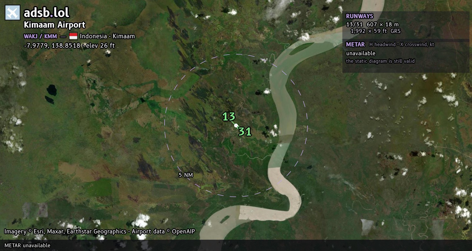Satellite map with the runway layout of Kimaam Airport (WAKJ)