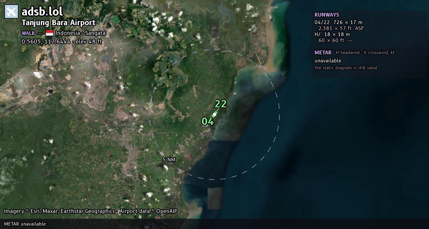 Satellite map with the runway layout of Tanjung Bara Airport (WALB)